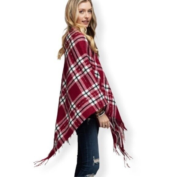 Sweater Poncho Women One Size Shawl Wrap Boutique Berry Red Plaid Fringe Classic - Picture 1 of 4